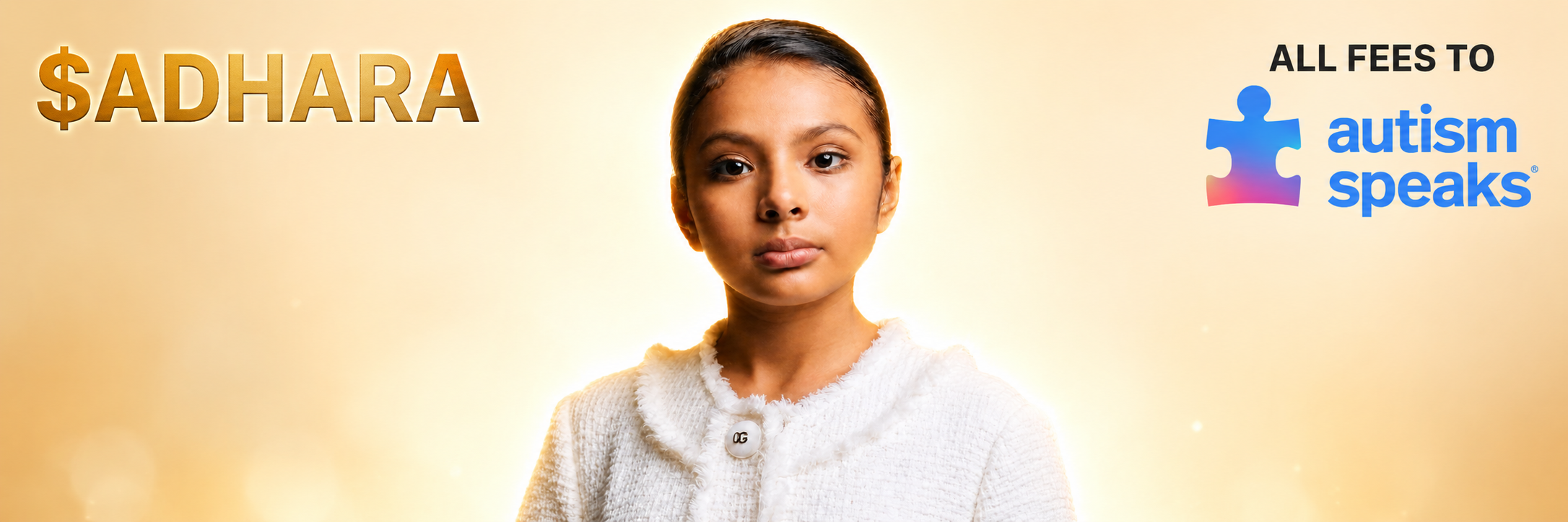 Adhara portrait with $ADHARA wordmark and Autism Speaks lockup